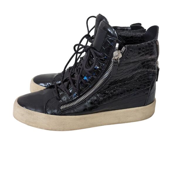 GZ Giuseppe Zanotti High Top Sneakers Mens Size 42.5 Black Croc Embossed Leather